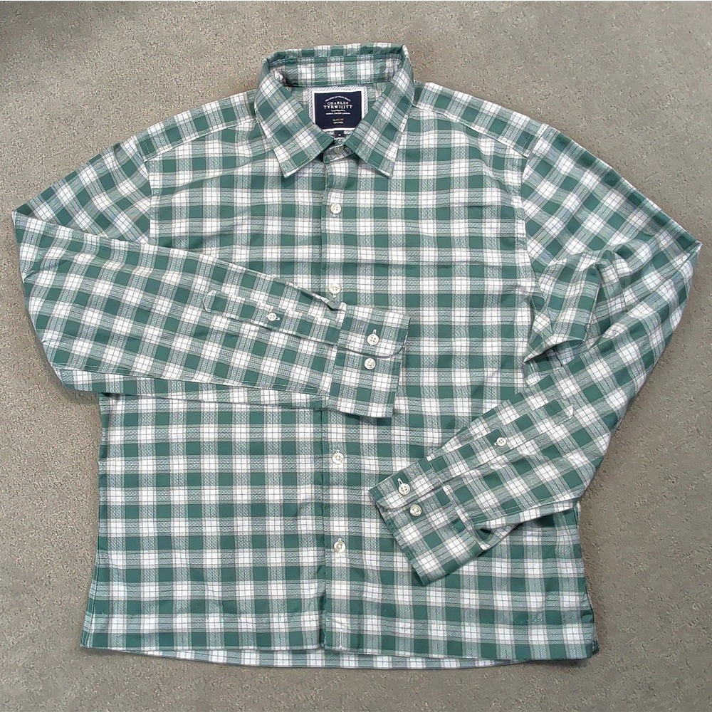 Charles Tyrwhitt Shirt Mens Medium Green Gingham Slim Fit Non-Iron Cotton Plaid